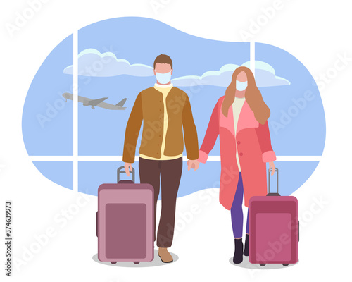 Happy man and woman in medical masks with suitcases waiting for their flight at the airport. Travel in post-quarantine time. Vector illustration