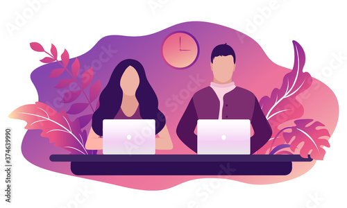Man and woman working at the laptop. Freelance, remote work or office work concept. Work from home or anywhere in the world. Characters in trendy flat style