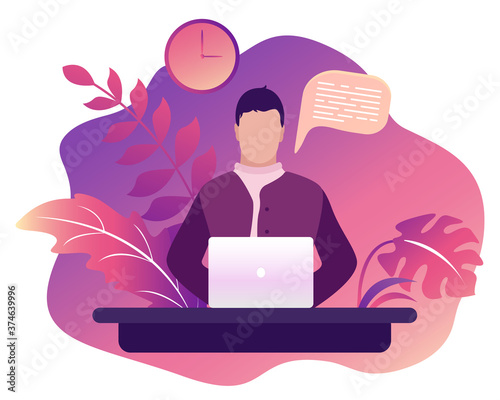 Man working at a laptop. The concept of freelance or remote work. Manage your work time, work speed and efficiency. Character in trendy flat style