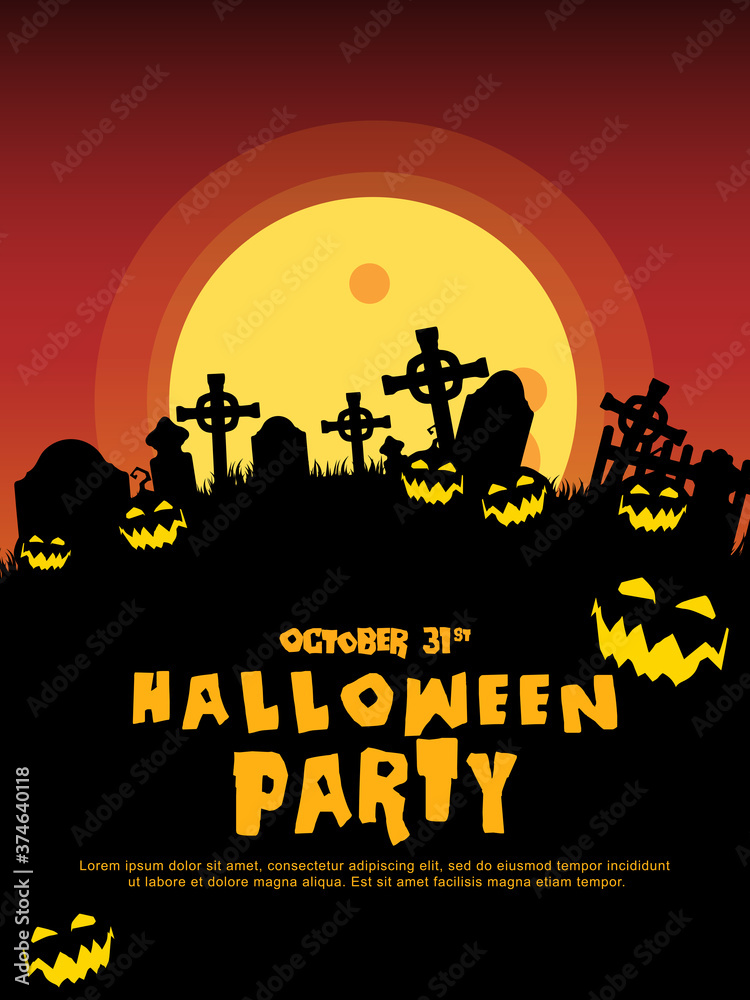 Halloween  background with tombstone, pumpkin, haunted house and full moon. Flyer or invitation template for Halloween party. silhouette Vector illustration.