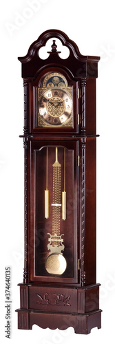 Fotografie Wooden brown standing clock on white background