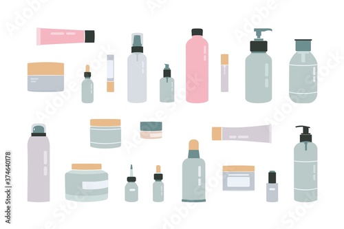 Cosmetics package ads template bundle. Blank cosmetic packaging mock up. Toiletry assortment. Lady skincare. Trendy hand-drawn vector cartoon flat illustration.