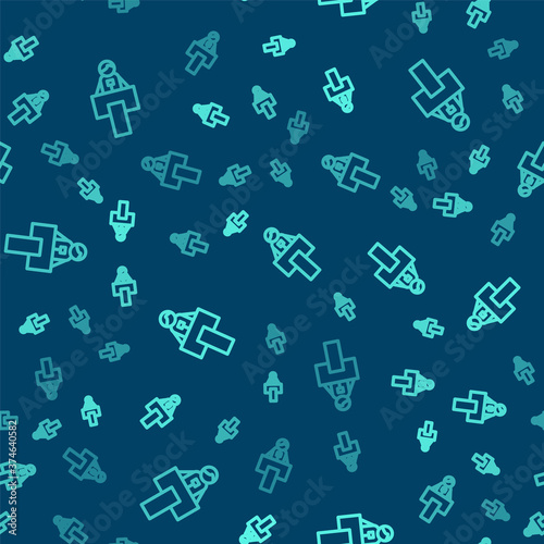 Green line Stage stand or debate podium rostrum icon isolated seamless pattern on blue background. Conference speech tribune. Vector.