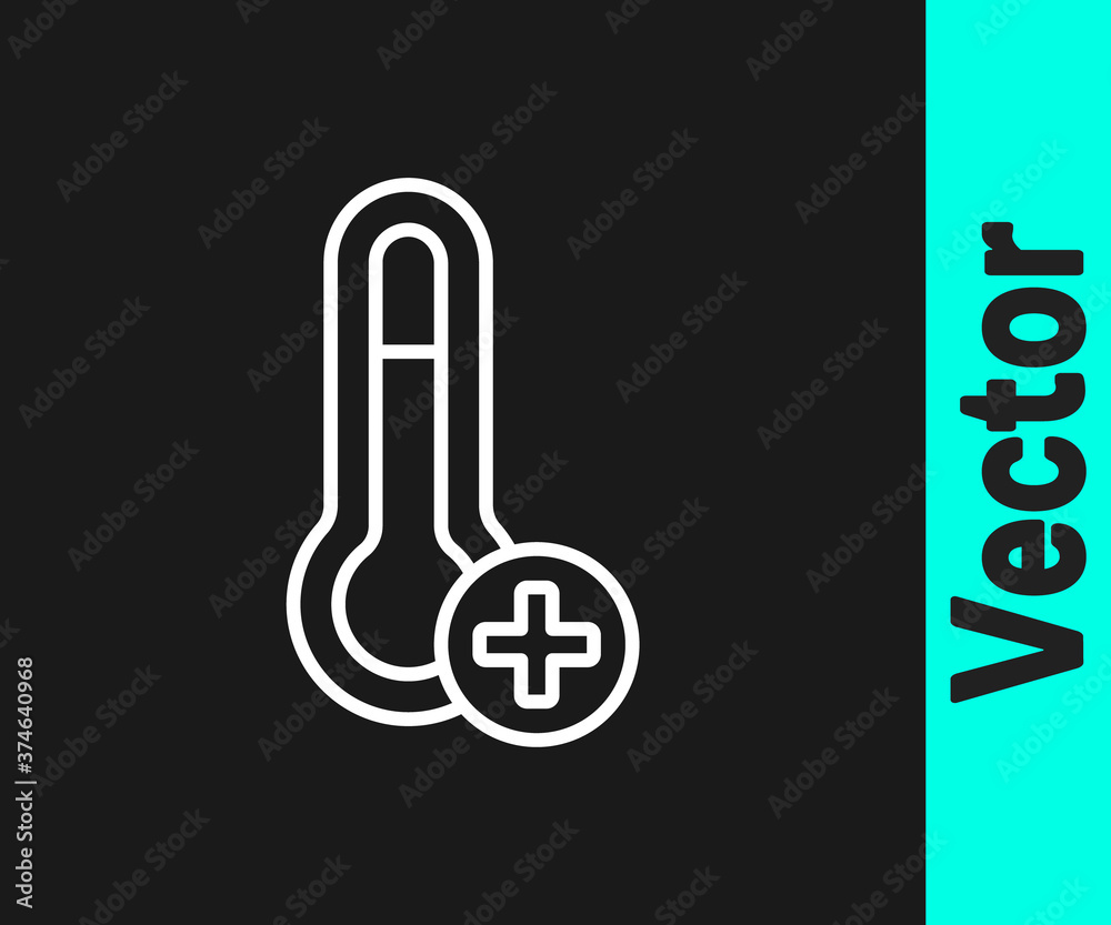 White line Meteorology thermometer measuring icon isolated on black background. Thermometer equipment showing hot or cold weather. Vector. White line Meteorology thermometer measuring icon isolated on black background. Thermometer equipment showing hot or cold weather. Vector.