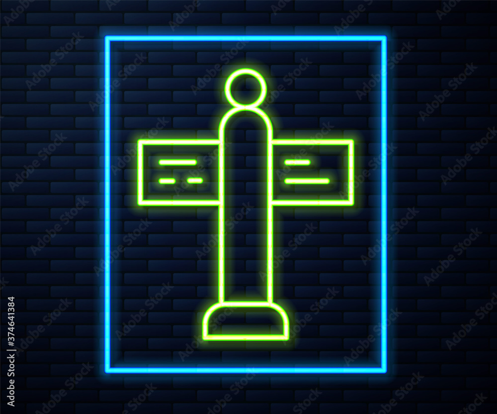 Glowing neon line Road traffic sign. Signpost icon isolated on brick wall background. Pointer symbol. Street information sign. Direction sign. Vector. Glowing neon line Road traffic sign. Signpost icon isolated on brick wall background. Pointer symbol. Street information sign. Direction sign. Vector.