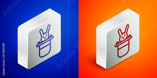 Isometric line Magician hat and rabbit icon isolated on blue and orange background. Magic trick. Mystery entertainment concept. Silver square button. Vector.