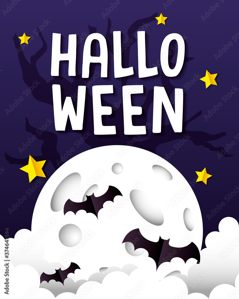 Halloween bats on moon design, Holiday and scary theme Vector illustration