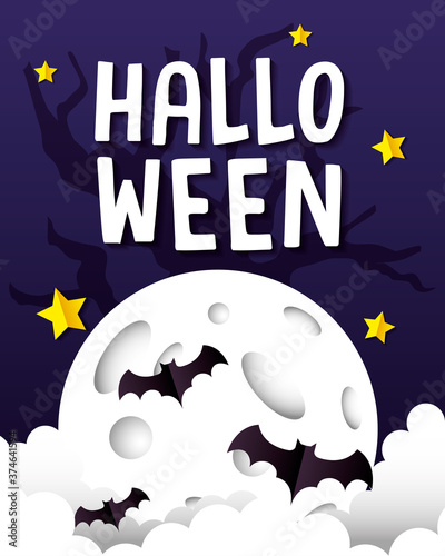 Halloween bats on moon design, Holiday and scary theme Vector illustration