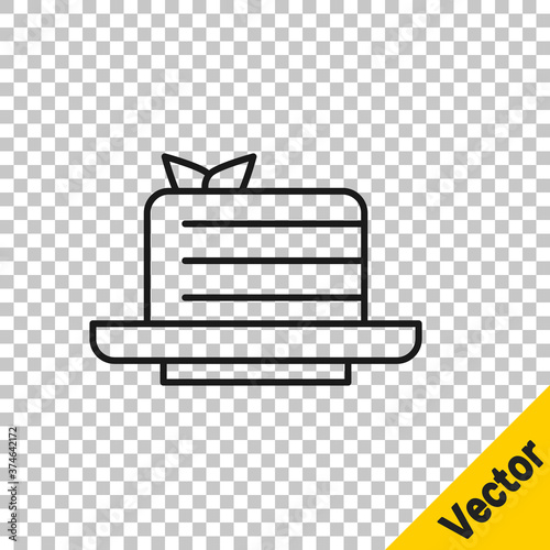 Black line Medovik icon isolated on transparent background. Honey layered cake or russian cake Medovik on plate. Vector.