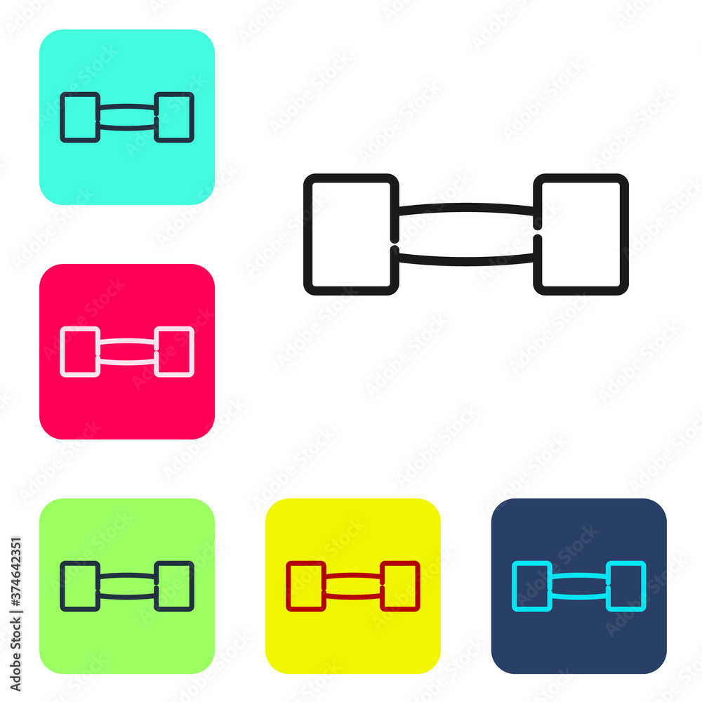 Black line Dumbbell icon isolated on white background. Muscle lifting icon, fitness barbell, gym, sports equipment, exercise bumbbell. Set icons in color square buttons. Vector.