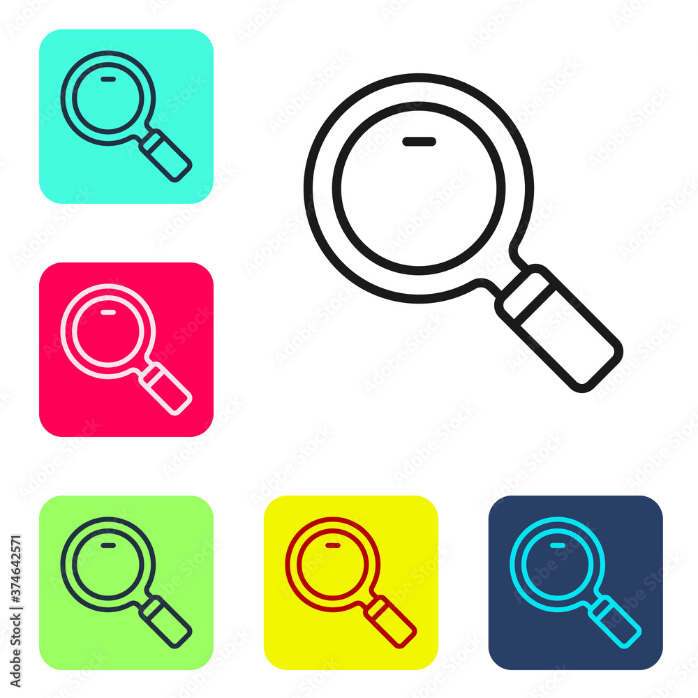 Black line Magnifying glass icon isolated on white background. Search, focus, zoom, business symbol. Set icons in color square buttons. Vector. Black line Magnifying glass icon isolated on white background. Search, focus, zoom, business symbol. Set icons in color square buttons. Vector.