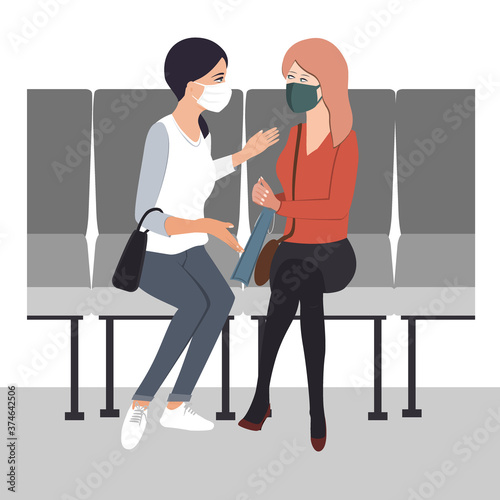 Two young women friends communicate with protective masks on their faces. Flat vector illustration