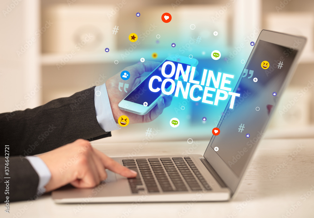 Freelance woman using laptop with ONLINE CONCEPT inscription, Social media concept