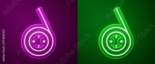 Glowing neon line Yoyo toy icon isolated on purple and green background. Vector.