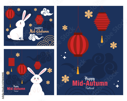 frames with rabbits and lanterns design, Happy mid autumn harvest festival oriental chinese and celebration theme Vector illustration
