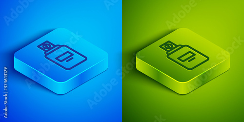 Isometric line Perfume icon isolated on blue and green background. Square button. Vector.