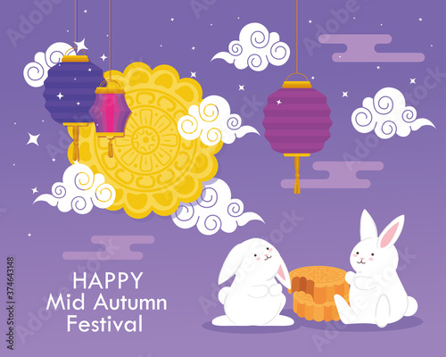 mooncake and rabbits with clouds and lanterns design, Happy mid autumn harvest festival oriental chinese and celebration theme Vector illustration
