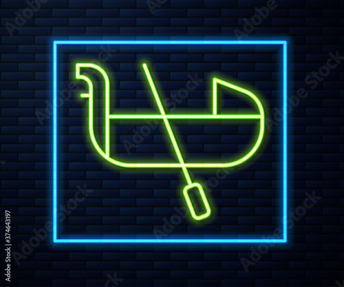 Glowing neon line Gondola boat italy venice icon isolated on brick wall background. Tourism rowing transport romantic. Vector.