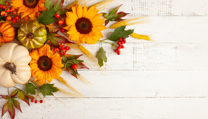  Concept of fall harvest or Thanksgiving day. Autumn composition with pumpkins,wheat ears and  sunflowers on white wooden table. Flat lay, copy space
