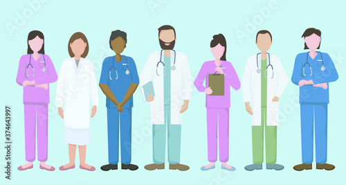 A team of doctors and nurses in uniform, hospital medical staff with stethoscopes in different positions.  The concept of medical care and assistance to people. Vector flat illustration.