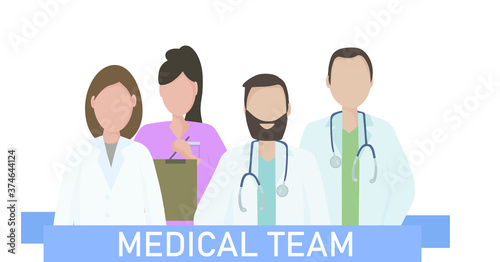 A team of doctors and nurses in uniform, hospital medical staff with stethoscopes in different positions.  The concept of medical care and assistance to people. Vector flat illustration.