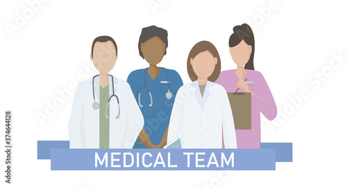 A team of doctors and nurses in uniform, hospital medical staff with stethoscopes in different positions.  The concept of medical care and assistance to people. Vector flat illustration.
