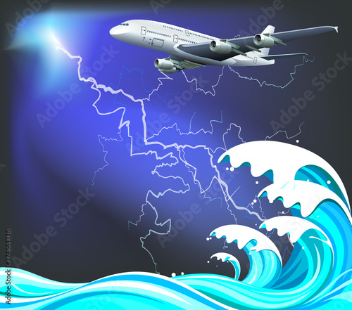 Passenger plane flying over ocean waves set against a dramatic thunderstorm sky