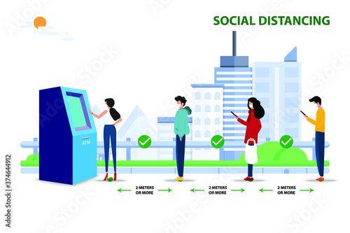 Social distancing and coronavirus prevention. People wear white medical mask and waiting in the line at ATM machine and keep distance 2 meters or more.