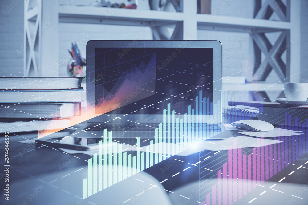 Forex market chart hologram and personal computer background. Double exposure. Concept of investment. Forex market chart hologram and personal computer background. Double exposure. Concept of investment.