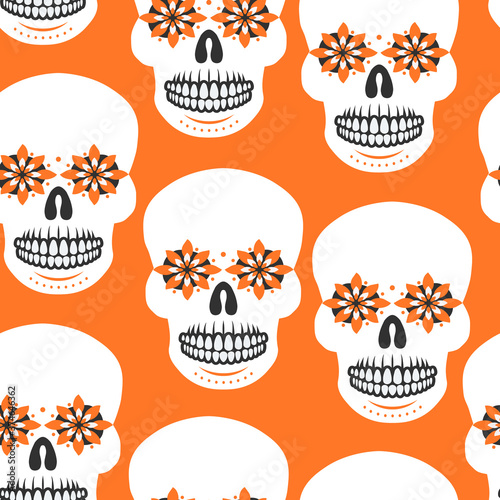 Sugar skulls, day of the dead seamless pattern. Repetitive vector illustration.