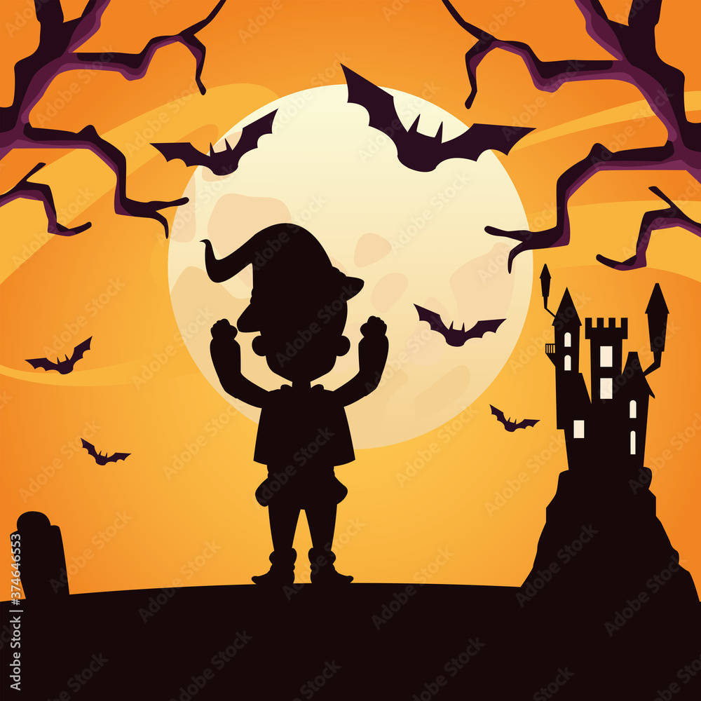 boy with halloween wizard costume silhouette vector design