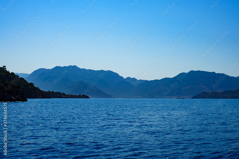 
blue mountains skyline with sea