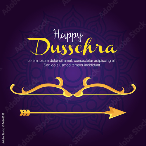 gold bow with arrow on blue with mandala background design, Happy dussehra festival and indian theme Vector illustration photo