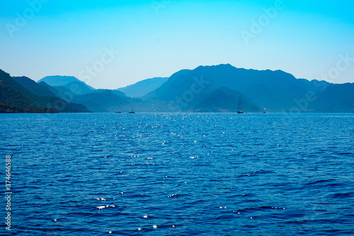 Photography blue mountains skyline with sea