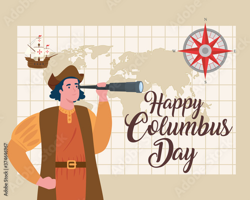 Christopher Columbus cartoon with telescope design of happy columbus day america and discovery theme Vector illustration