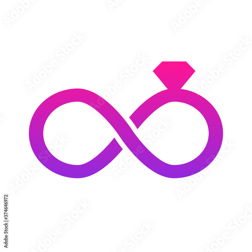 Concepto matrimonio. Logotipo lineal abstracto círculos formando un nudo infinito como anillos de compromiso en púrpura y rosa