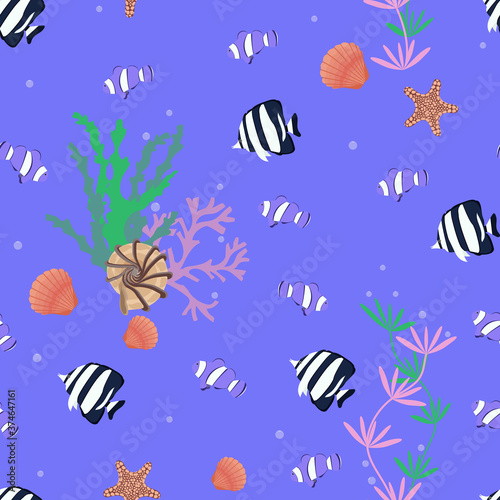 Seamless vector illustration. Underwater world with beautiful fish.