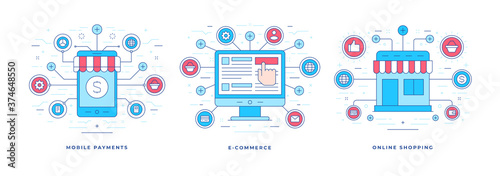 Set vector illustrations flat linear banners with graphic icons for convenient e commerce and online shopping services