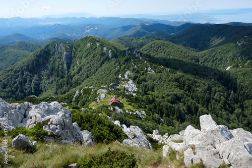 Mountain view with shelter in beautiful National Park Risnjak, Croatia photo