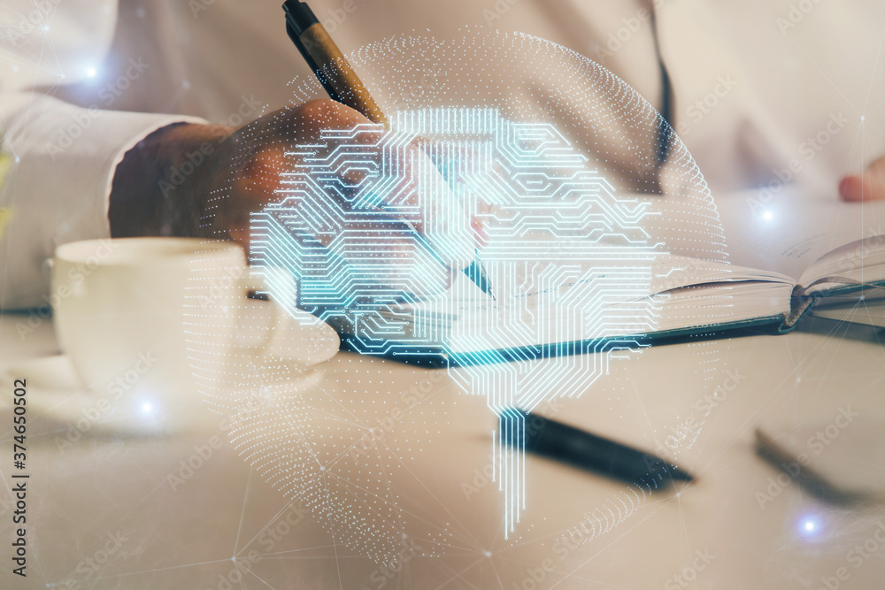 Fototapeta premium Brain multi exposure icon with man hands background.