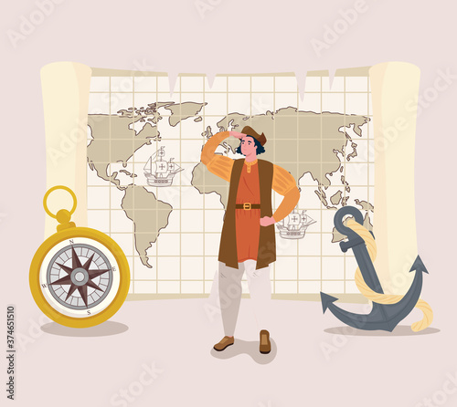 Christopher Columbus cartoon with compass and anchor design of happy columbus day america and discovery theme Vector illustration