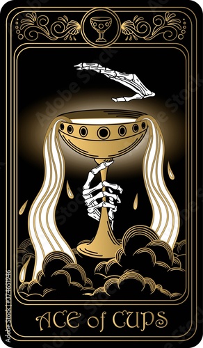 Ace of cups. Card of Minor arcana black and gold tarot cards. Tarot deck. Vector hand drawn illustration with skulls, occult, mystical and esoteric symbols.