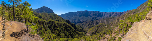Panoramic view from the trek to the top of La Cumbrecita next to the mountains of Caldera de Taburiente, La Palma island, Canary Islands, Spain