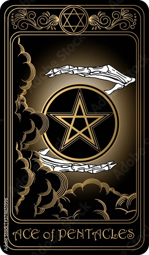 Ace of pentacles. Card of Minor arcana black and gold tarot cards. Tarot deck. Vector hand drawn illustration with skulls, occult, mystical and esoteric symbols.