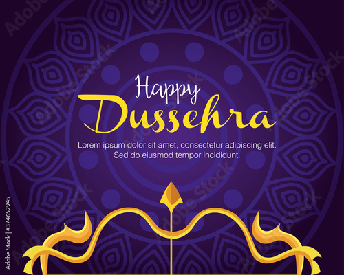 gold bow with arrow on blue with mandala background design, Happy dussehra festival and indian theme Vector illustration