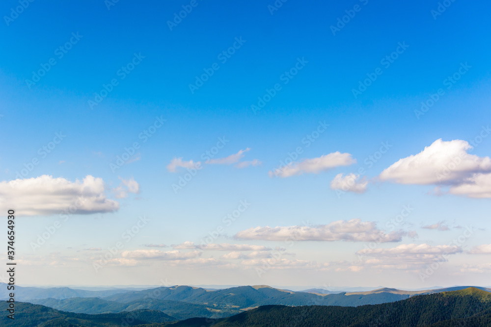 Traveling by the Carpathians. Polonyna Runa, Gostra, and other peaks. Spring, Summer and Autumn rest in the Carpathians. Green, Blue colors. Forest and meadows.