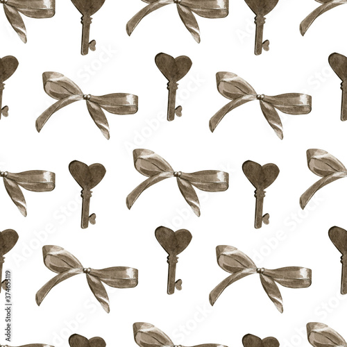 Vintage bow watercolor sepia seamless pattern on white background. For the design of postcards and fabrics. Pattern for printing on paper