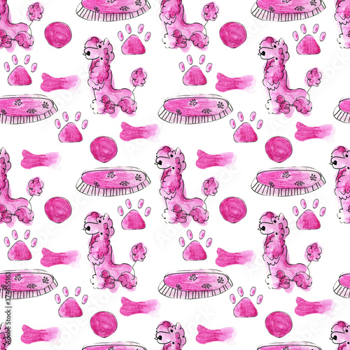 Pink poodle watercolor simple pattern on white background. For printing covers, fabrics and postcard designs
