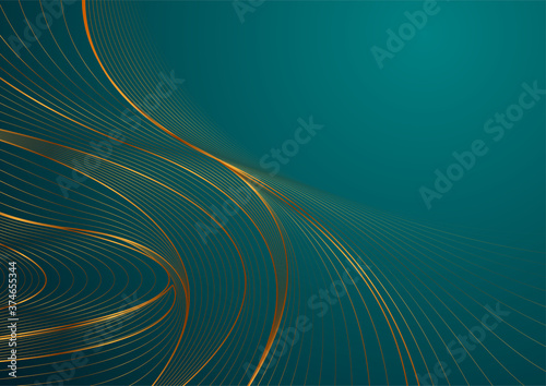 Turquoise abstract background with golden wavy pattern. Art deco ornament vector illustration