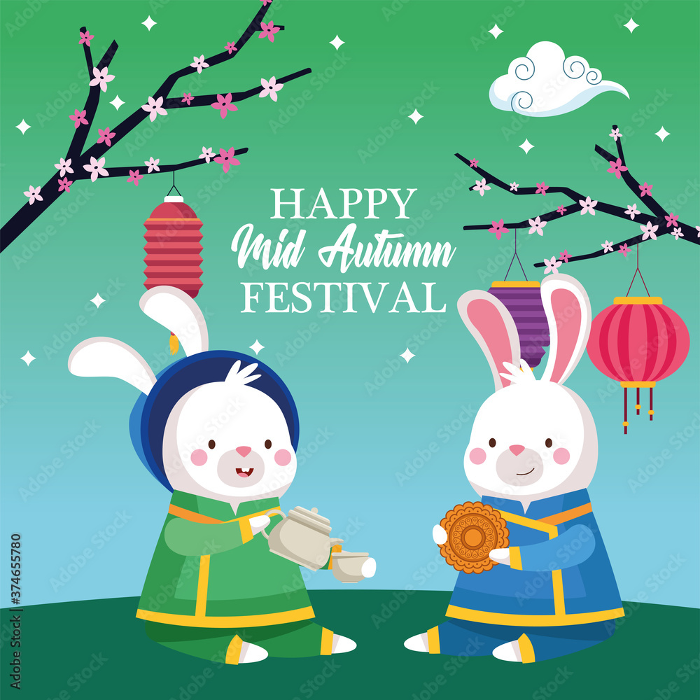 rabbits cartoons in traditional cloth with tea pot cup mooncake and lanterns vector design rabbits cartoons in traditional cloth with tea pot cup mooncake and lanterns vector design